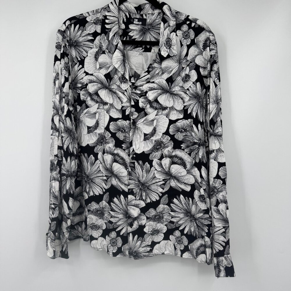 Kooples button up floral flower shirt black and white womans aize Latge read